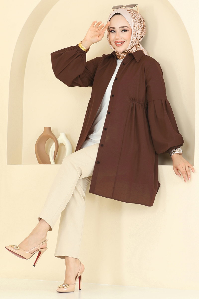 Poly-Cotton Shirt-Collar Tunic - Dark Brown