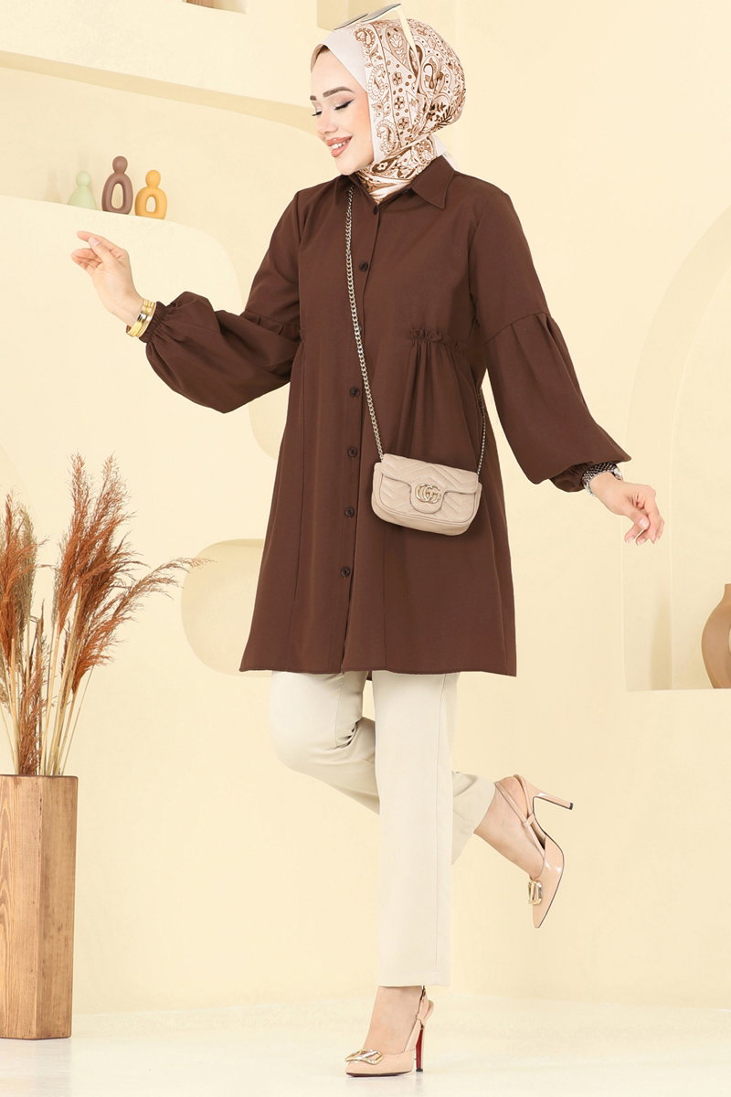 Poly-Cotton Shirt-Collar Tunic - Dark Brown