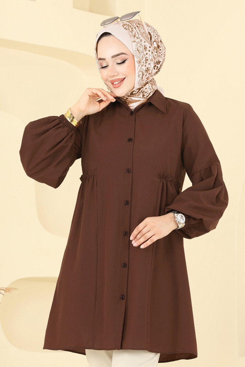 Poly-Cotton Shirt-Collar Tunic - Dark Brown