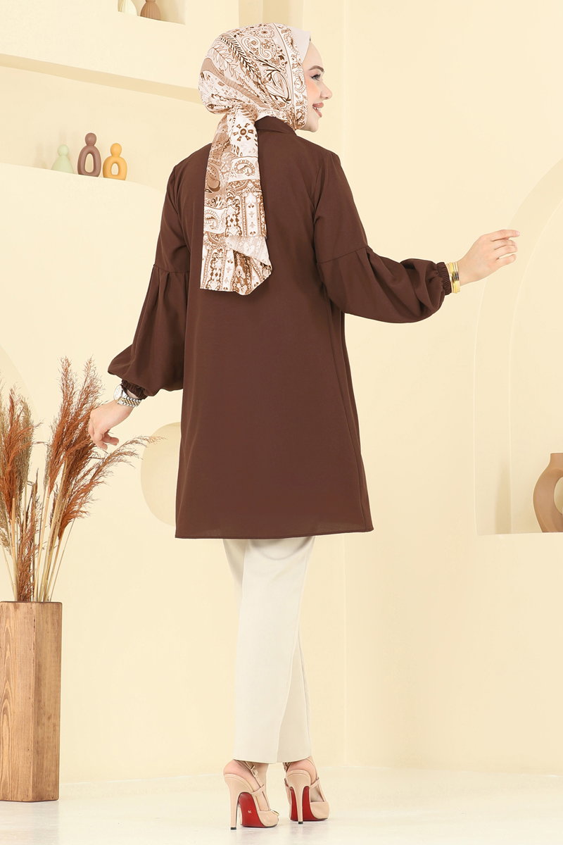 Poly-Cotton Shirt-Collar Tunic - Dark Brown