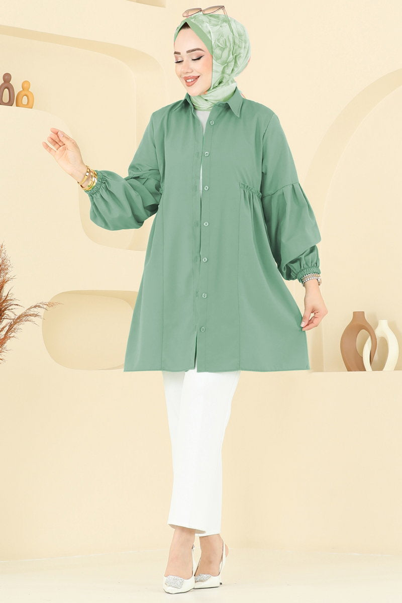 Poly-Cotton Shirt-Collar Tunic - Mint