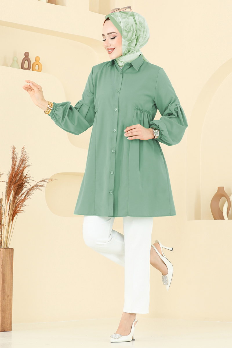 Poly-Cotton Shirt-Collar Tunic - Mint