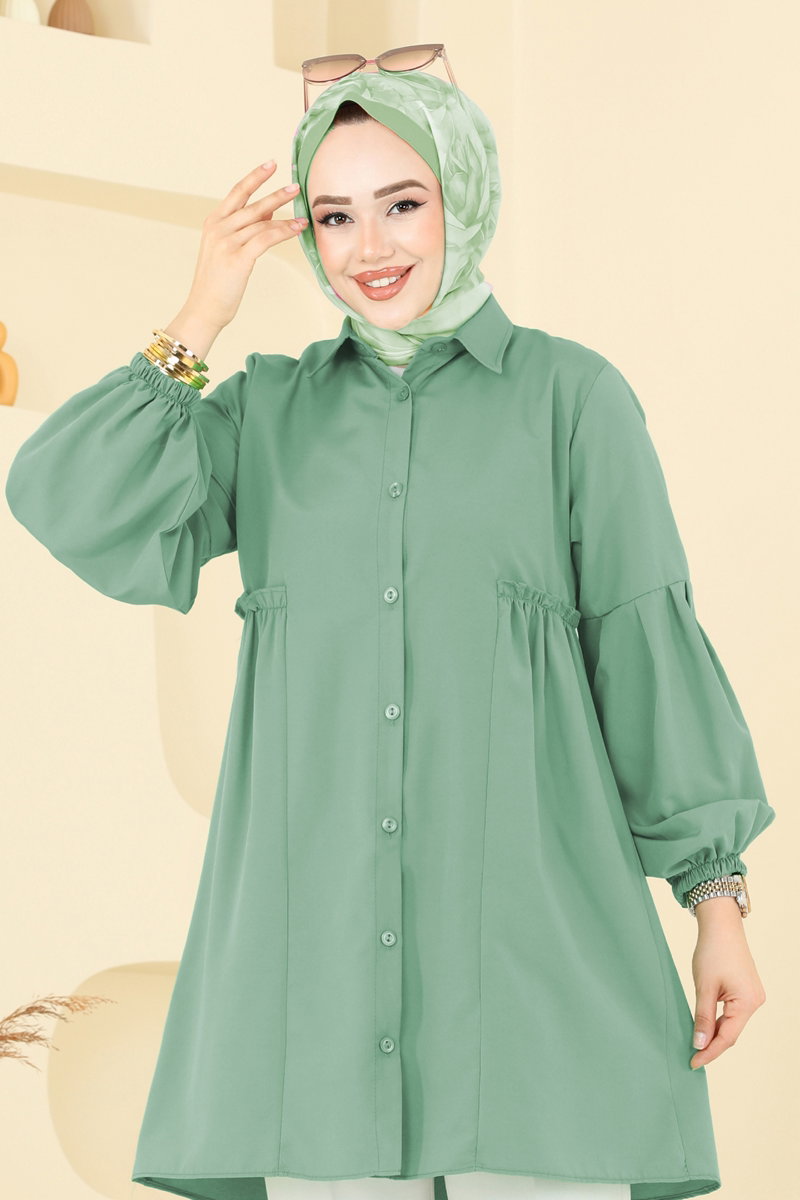 Poly-Cotton Shirt-Collar Tunic - Mint