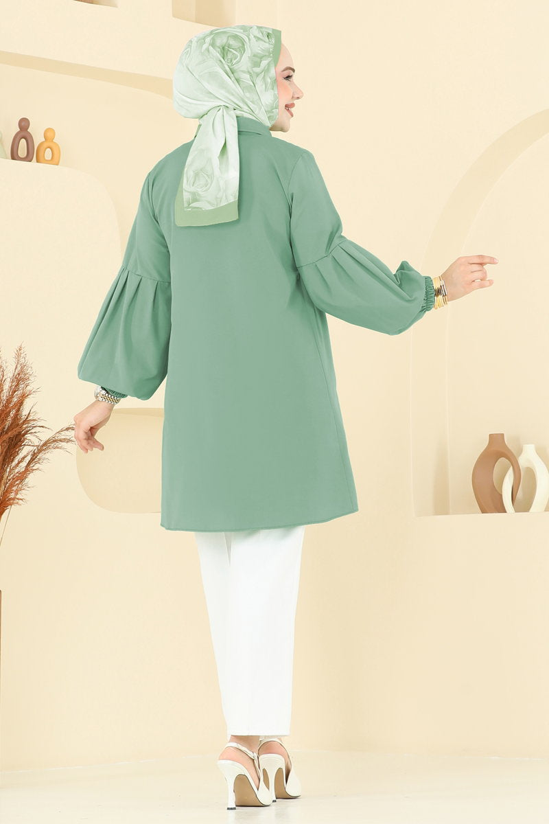 Poly-Cotton Shirt-Collar Tunic - Mint