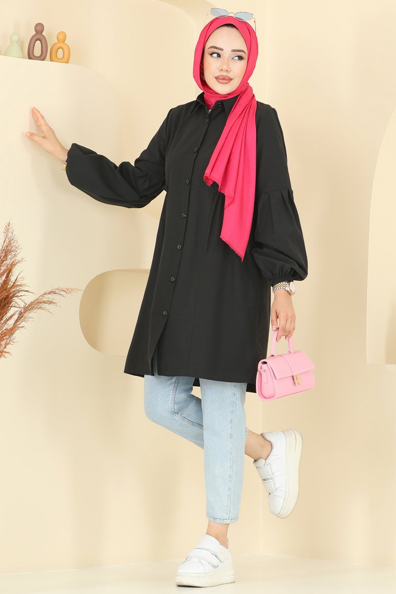 Poly-Cotton Shirt-Collar Tunic - Black