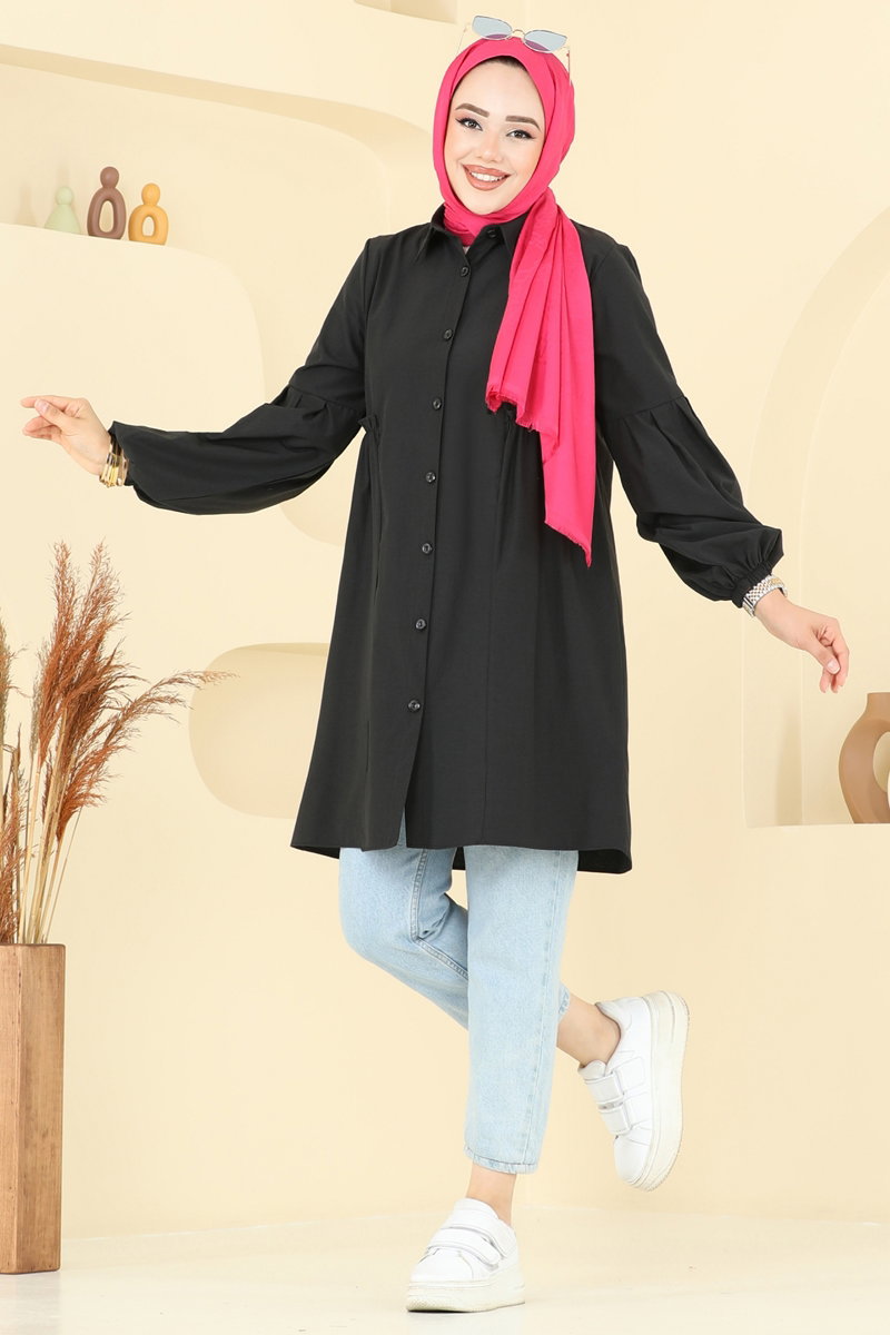 Poly-Cotton Shirt-Collar Tunic - Black