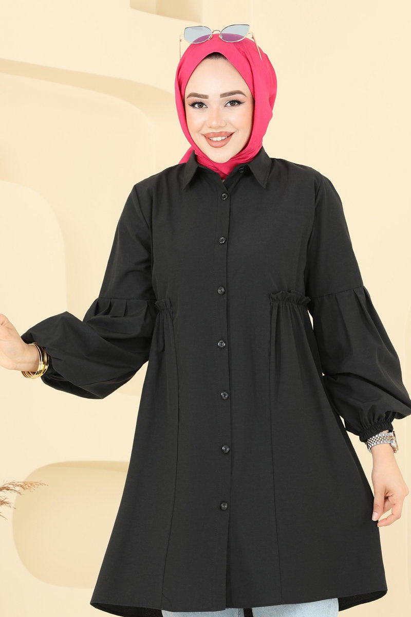 Poly-Cotton Shirt-Collar Tunic - Black