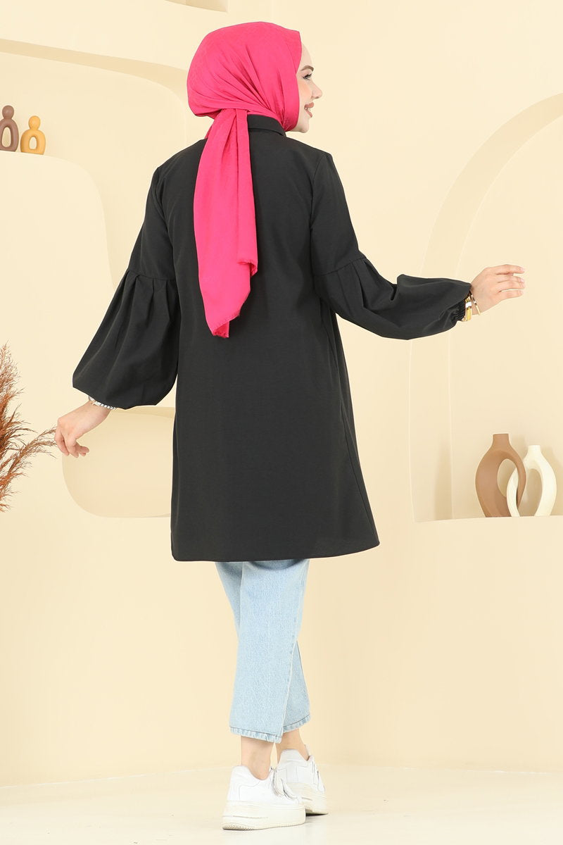 Poly-Cotton Shirt-Collar Tunic - Black