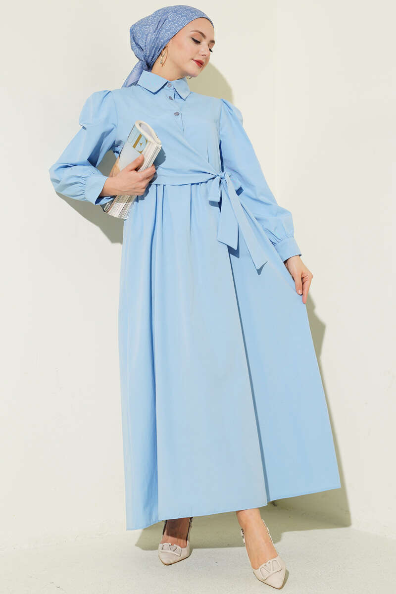 Shirt-Collar Side-Tie Dress - Blue