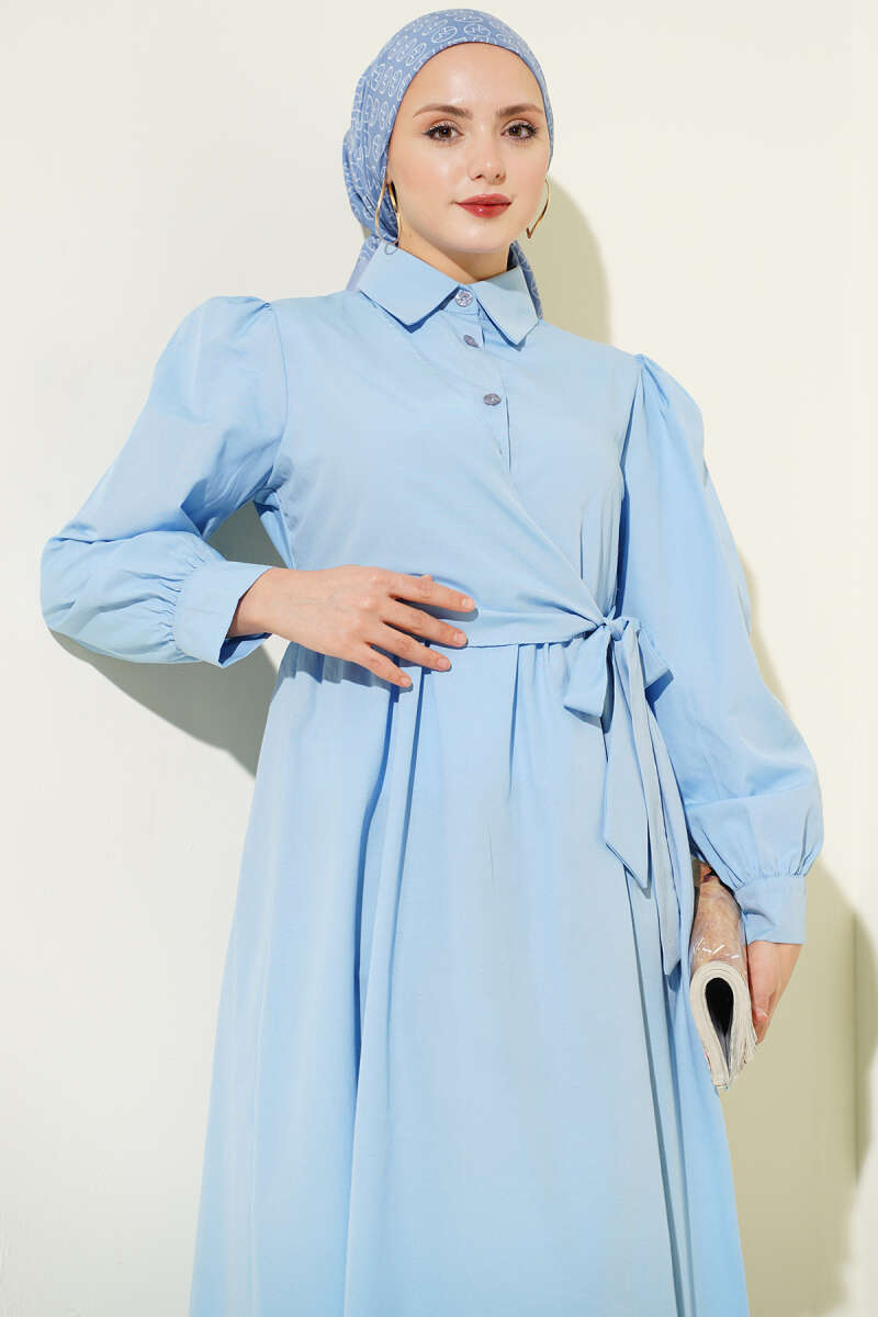 Shirt-Collar Side-Tie Dress - Blue
