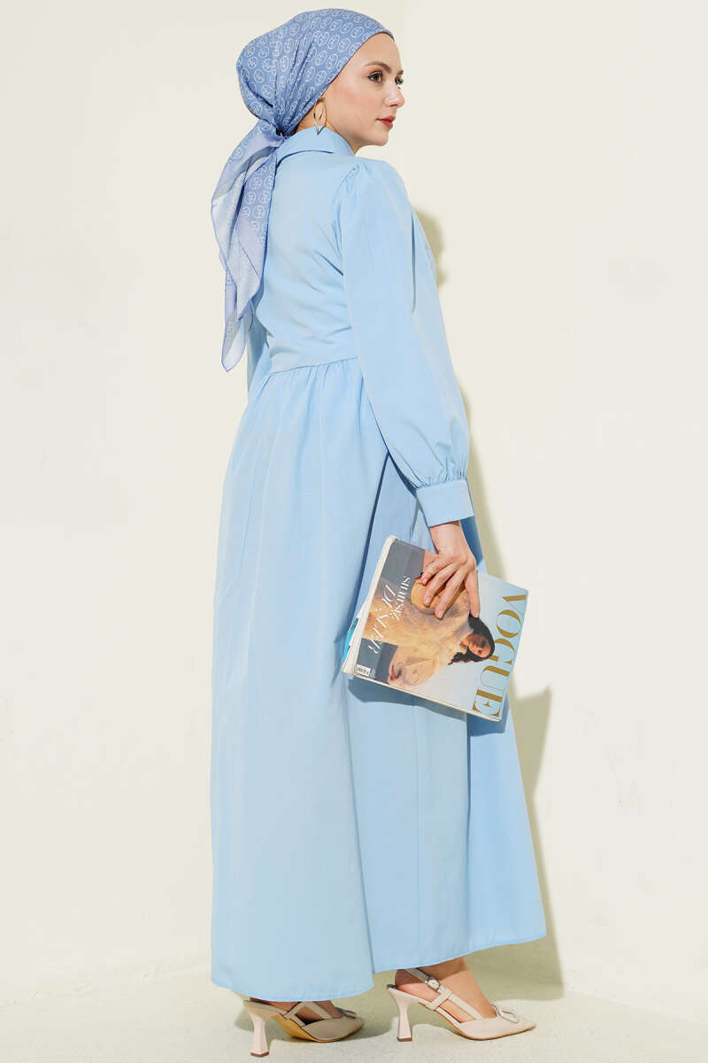 Shirt-Collar Side-Tie Dress - Blue