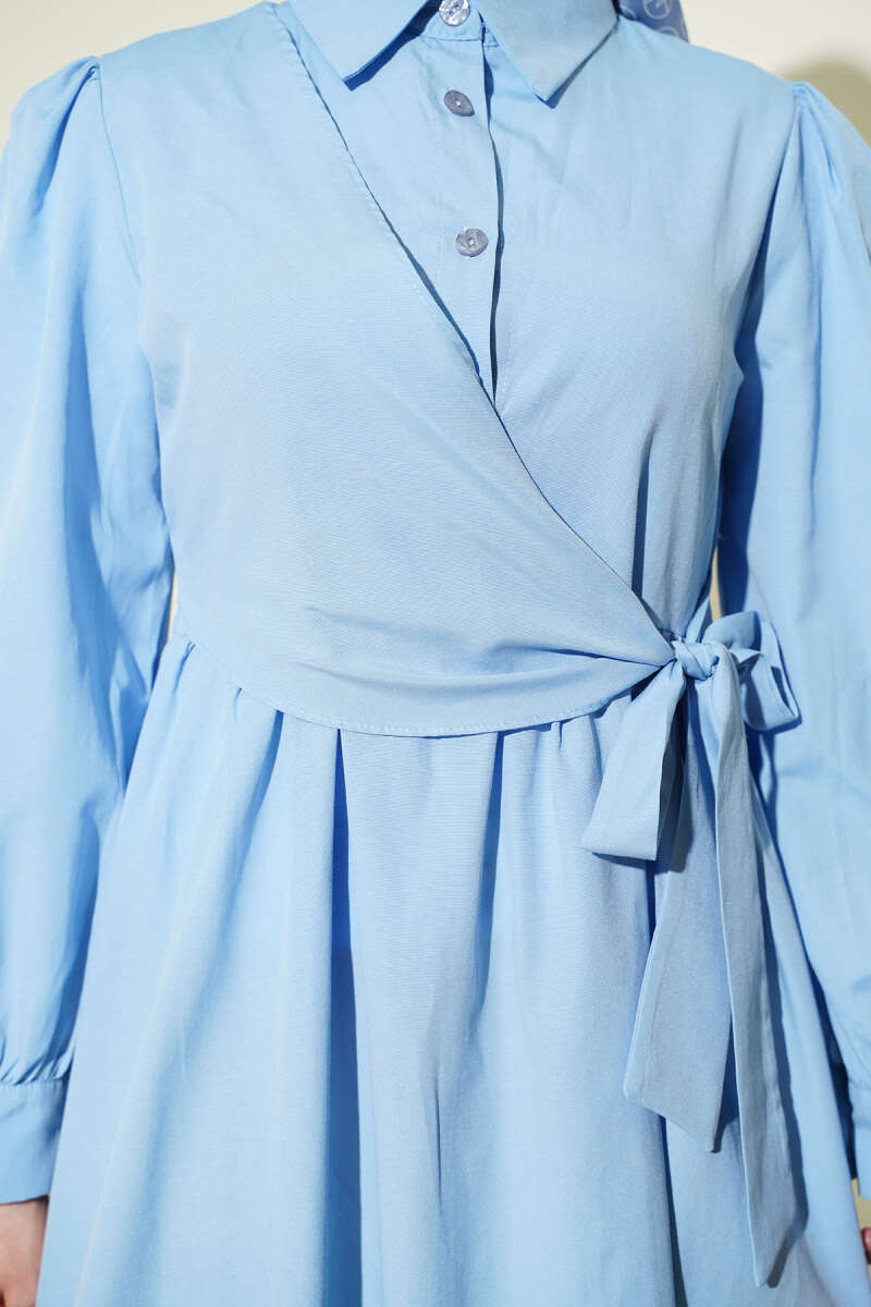 Shirt-Collar Side-Tie Dress - Blue
