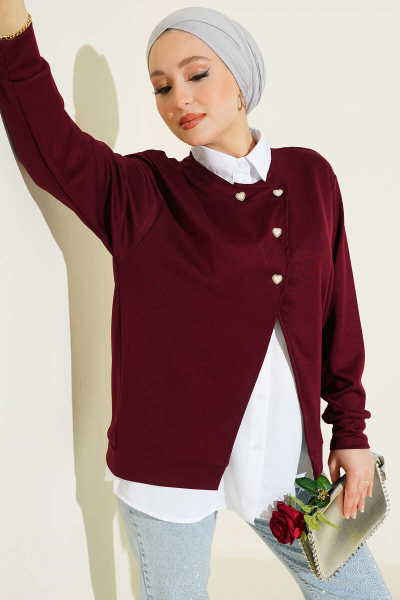 Button Cardigan and Shirt Two-Piece Set - Burgundy