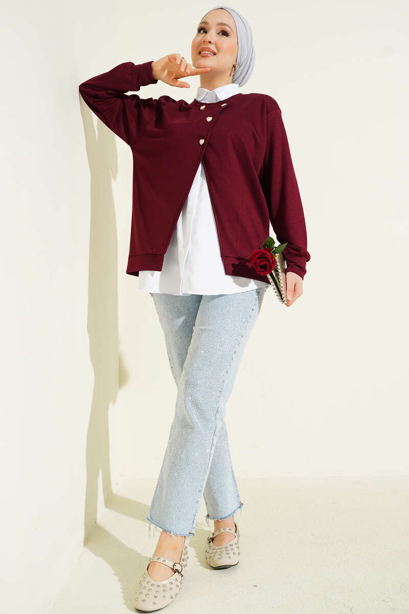 Button Cardigan and Shirt Two-Piece Set - Burgundy