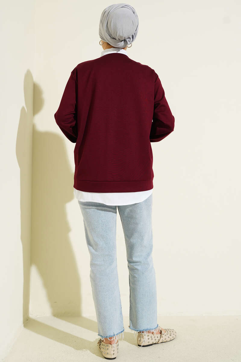 Button Cardigan and Shirt Two-Piece Set - Burgundy