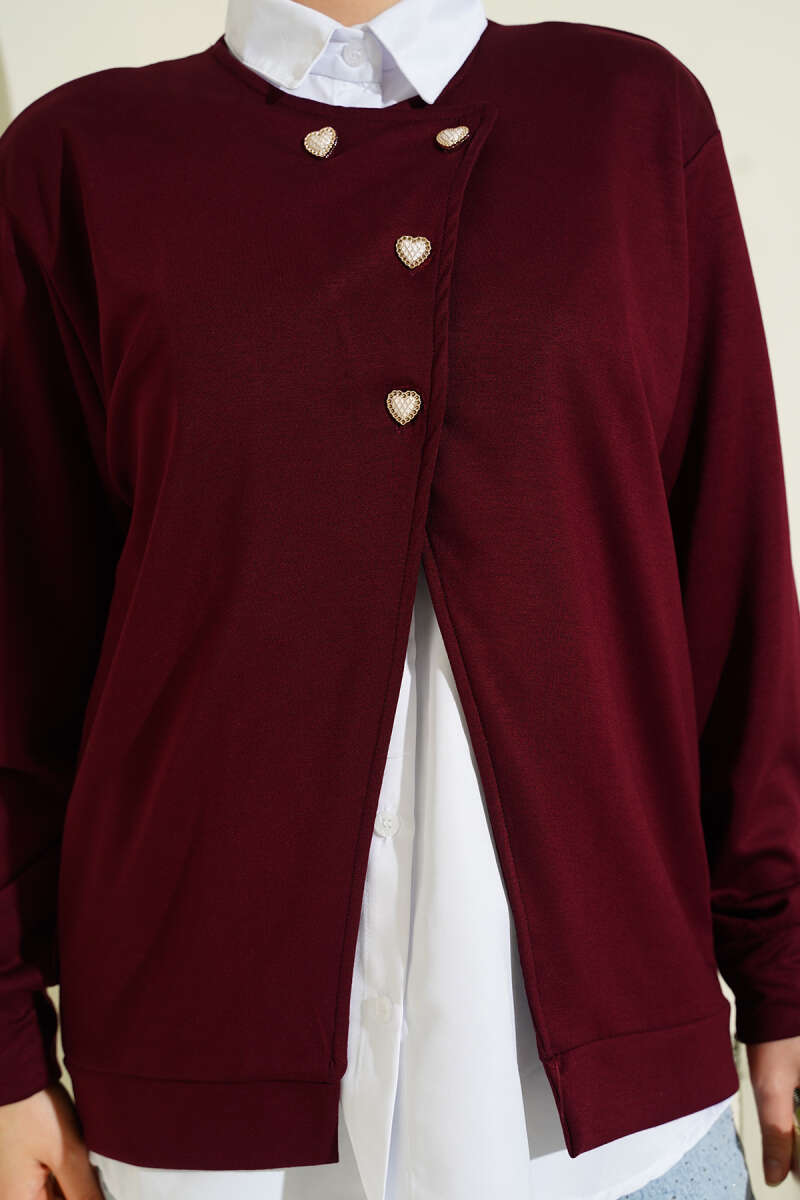 Button Cardigan and Shirt Two-Piece Set - Burgundy