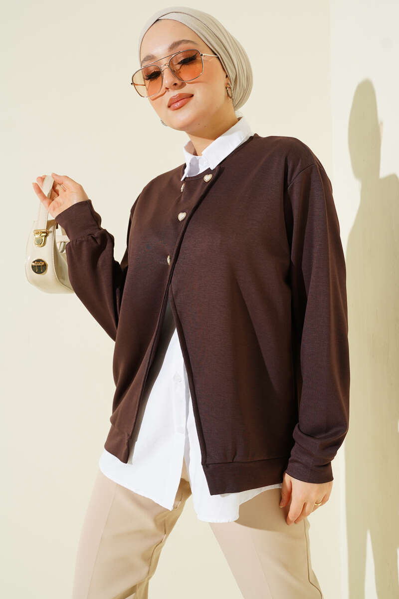 Button Cardigan and Shirt Two-Piece Set - Brown