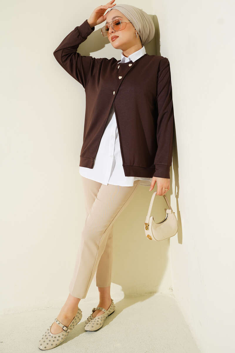 Button Cardigan and Shirt Two-Piece Set - Brown