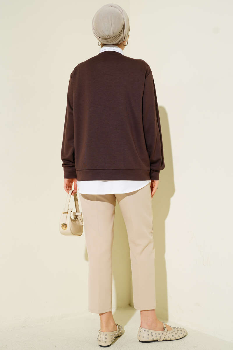 Button Cardigan and Shirt Two-Piece Set - Brown