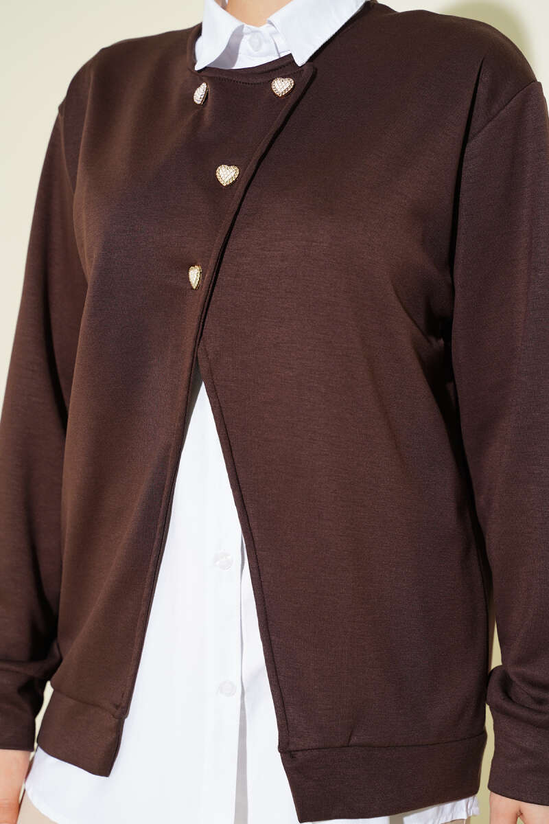 Button Cardigan and Shirt Two-Piece Set - Brown