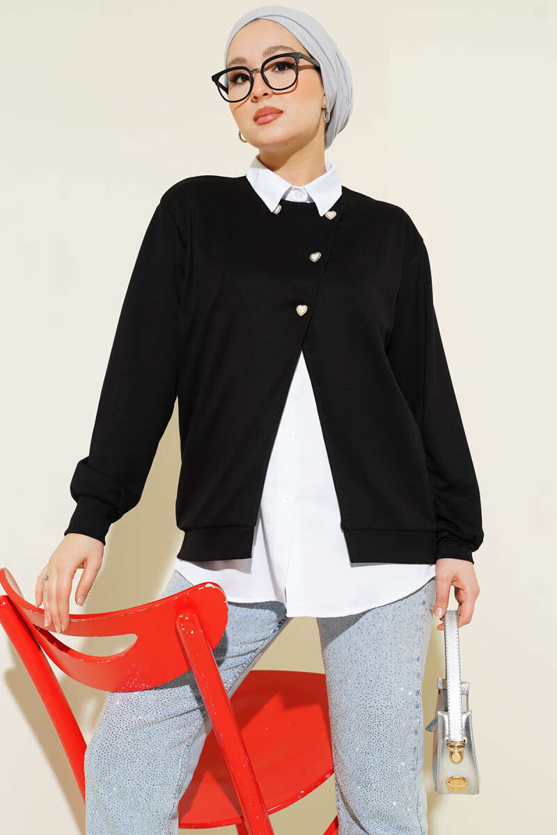 Button Cardigan and Shirt Two-Piece Set - Black
