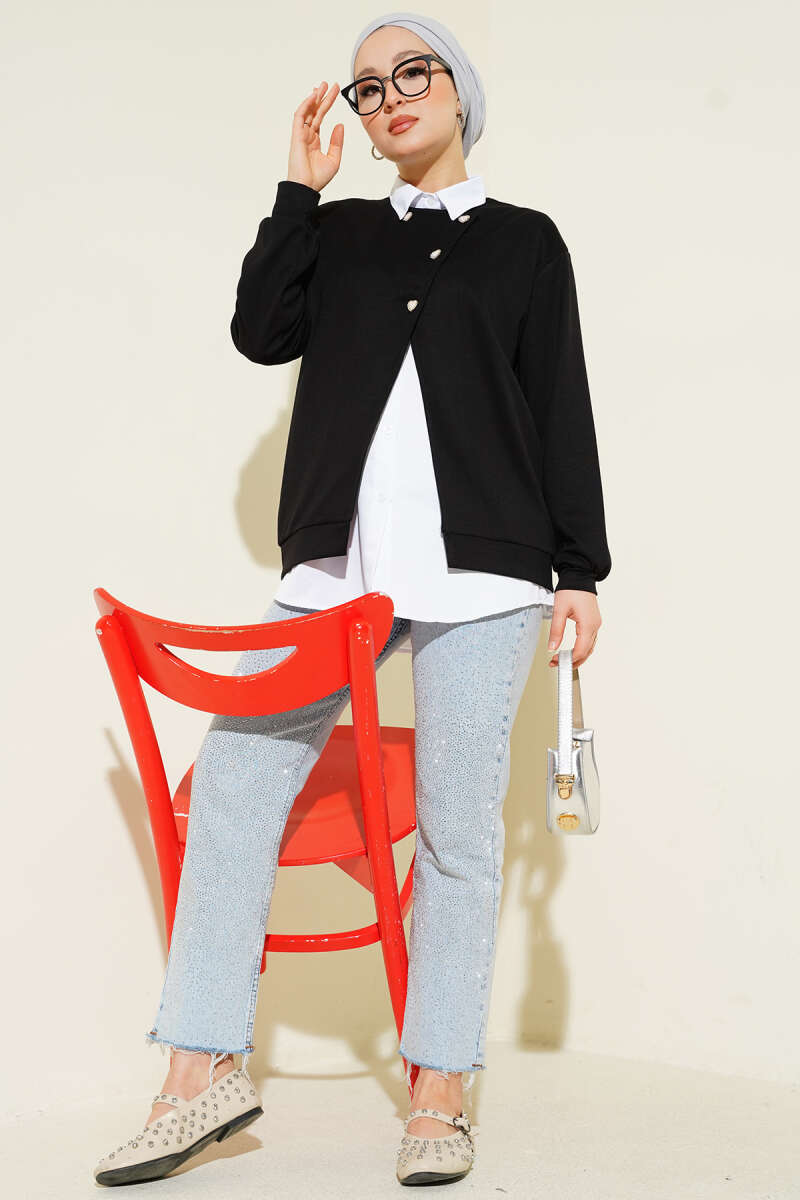 Button Cardigan and Shirt Two-Piece Set - Black