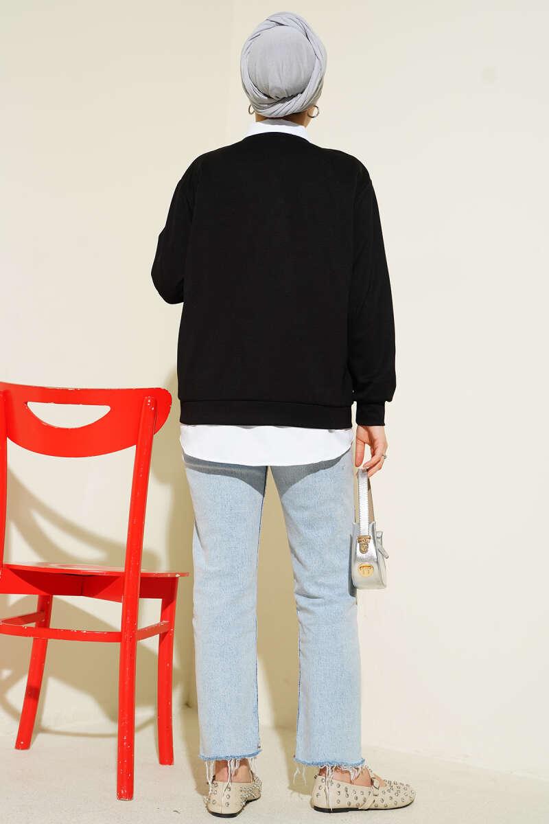 Button Cardigan and Shirt Two-Piece Set - Black