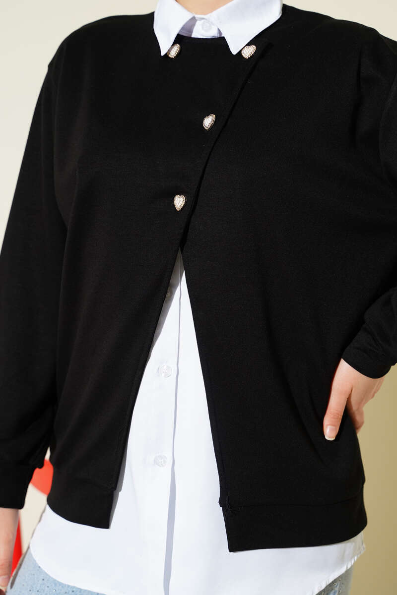 Button Cardigan and Shirt Two-Piece Set - Black