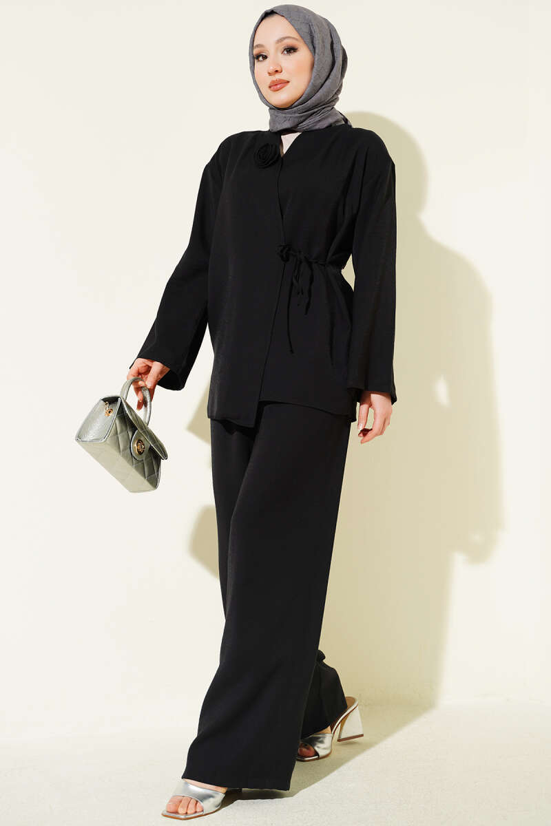 Tie Two-Piece Set with Rose Accessory - Black