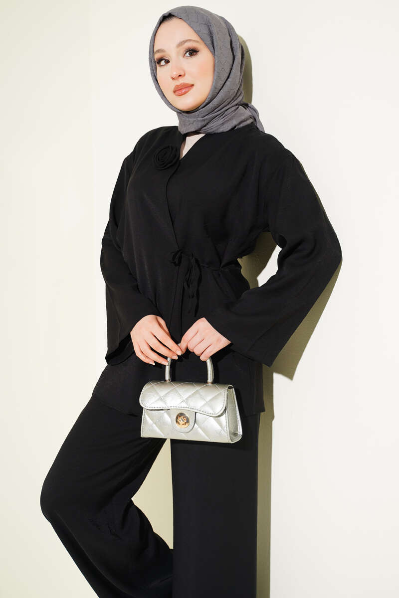 Tie Two-Piece Set with Rose Accessory - Black
