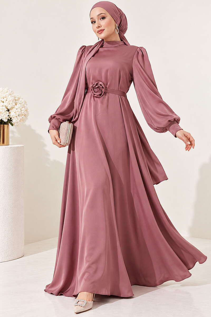 Balloon-Sleeve Satin Dress with Rose Accessory - Dusty Rose