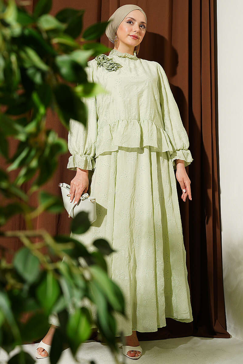 Ruffle Skirt Set with Rose Accessory - Almond Green