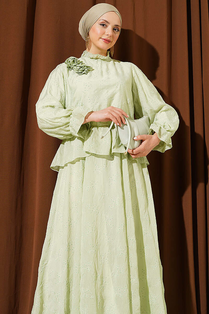Ruffle Skirt Set with Rose Accessory - Almond Green