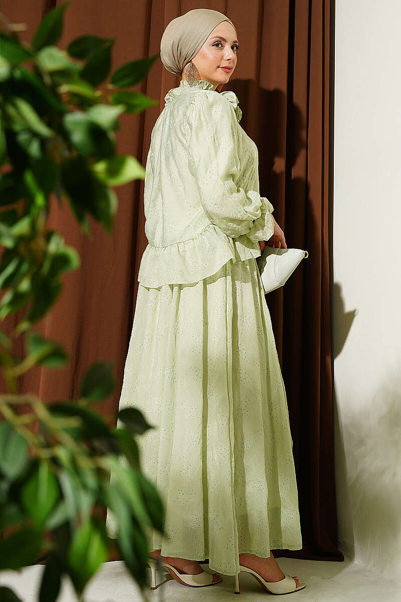 Ruffle Skirt Set with Rose Accessory - Almond Green