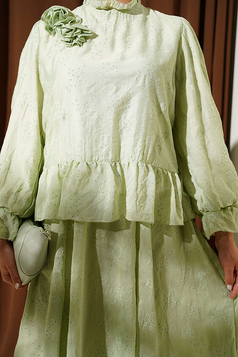 Ruffle Skirt Set with Rose Accessory - Almond Green