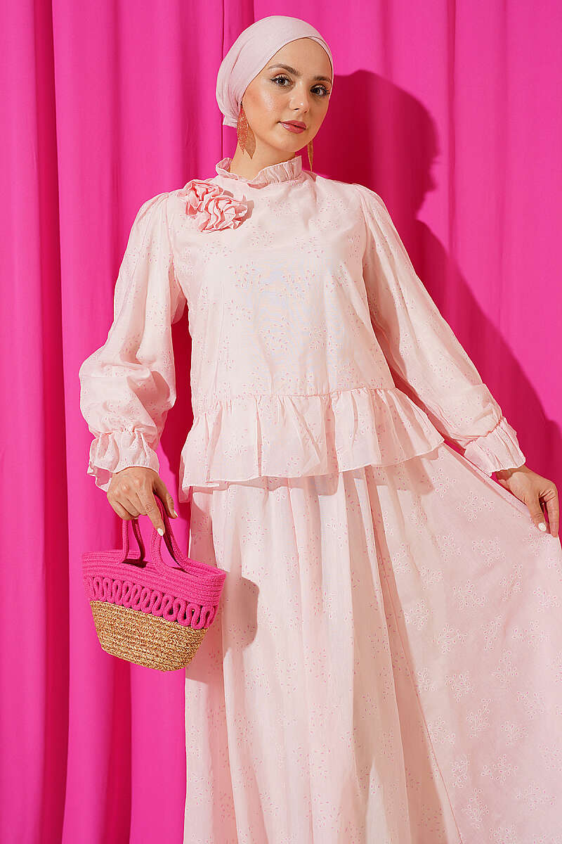 Ruffle Skirt Set with Rose Accessory - Pink