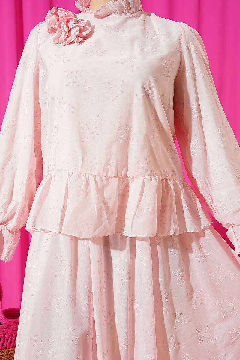 Ruffle Skirt Set with Rose Accessory - Pink