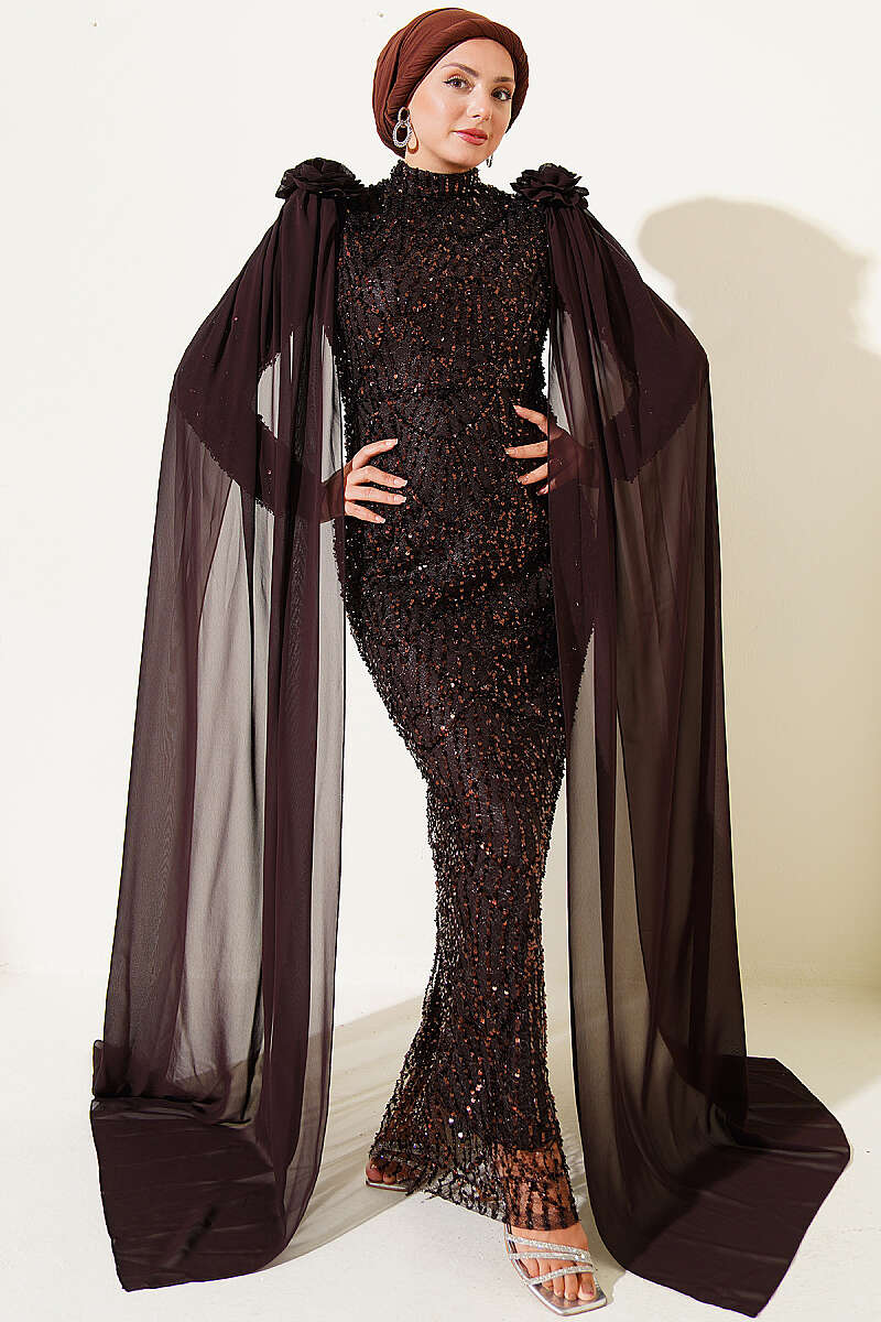 Sequin Evening Dress with Rose Accessory - Brown