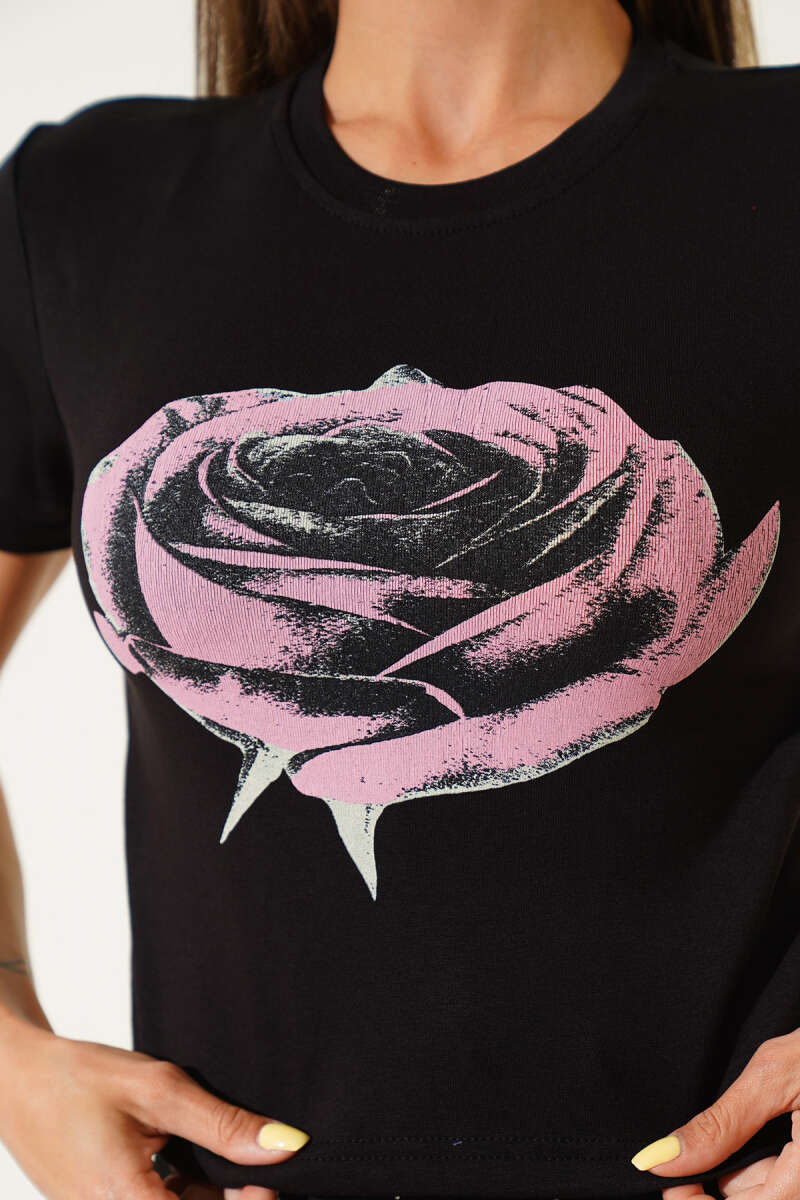 Rose Print Blouse - Black