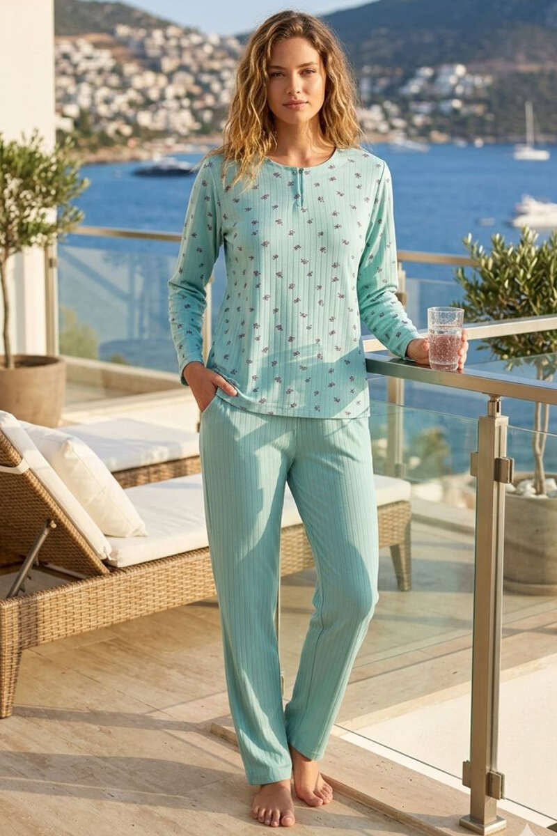 Rose Print Ribbed Button Pyjama Set - Almond Green