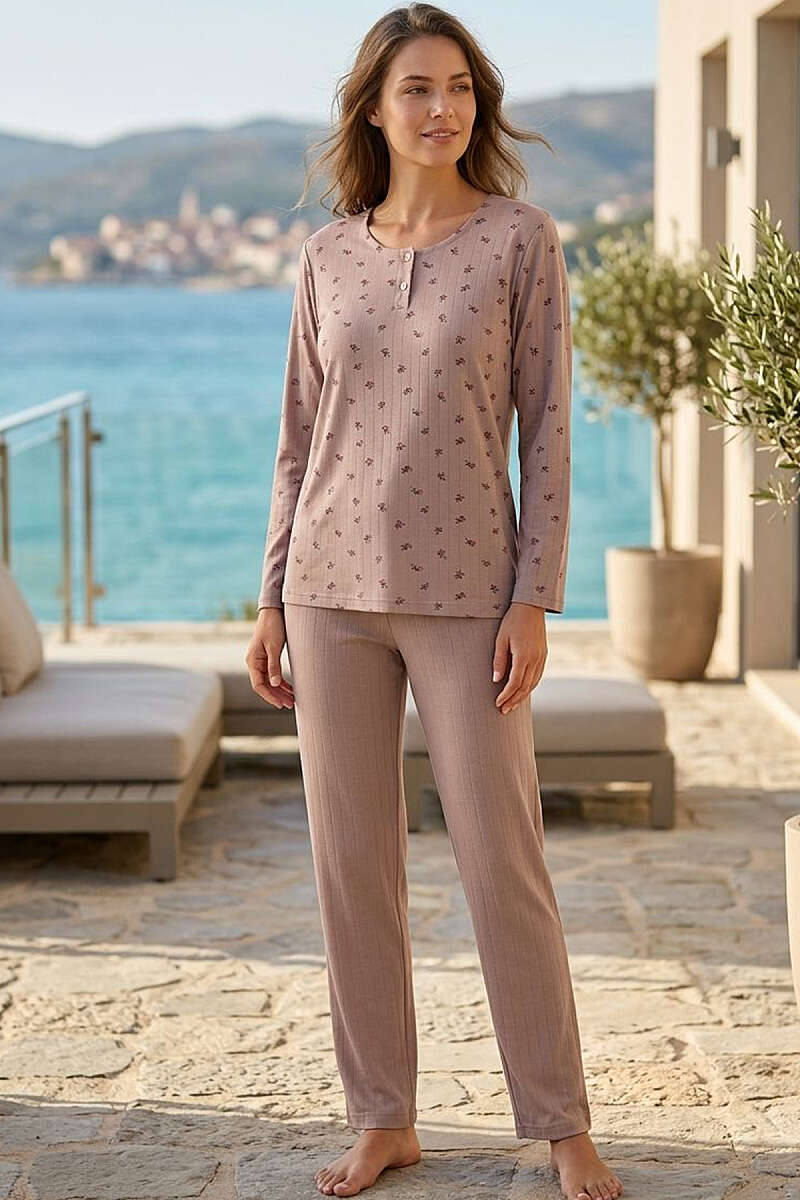 Rose Print Ribbed Button Pyjama Set - Latte