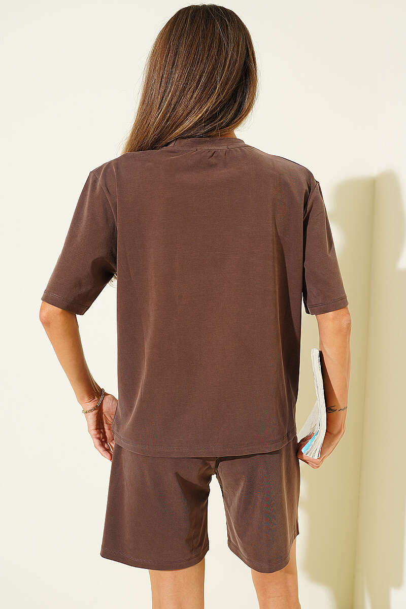 Rose Print Tencel Shorts Set - Brown