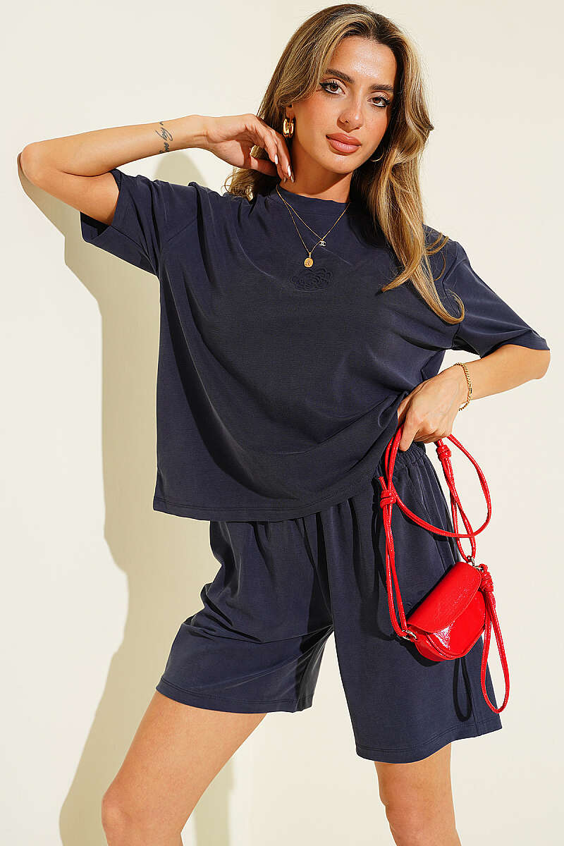 Rose Print Tencel Shorts Set - Navy