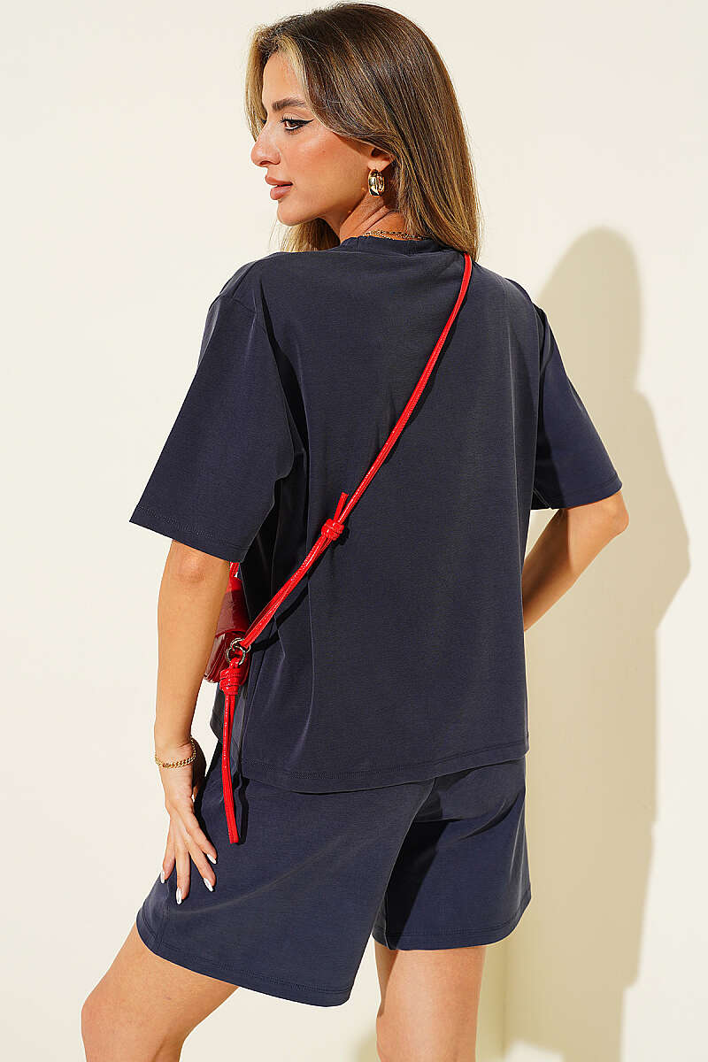 Rose Print Tencel Shorts Set - Navy