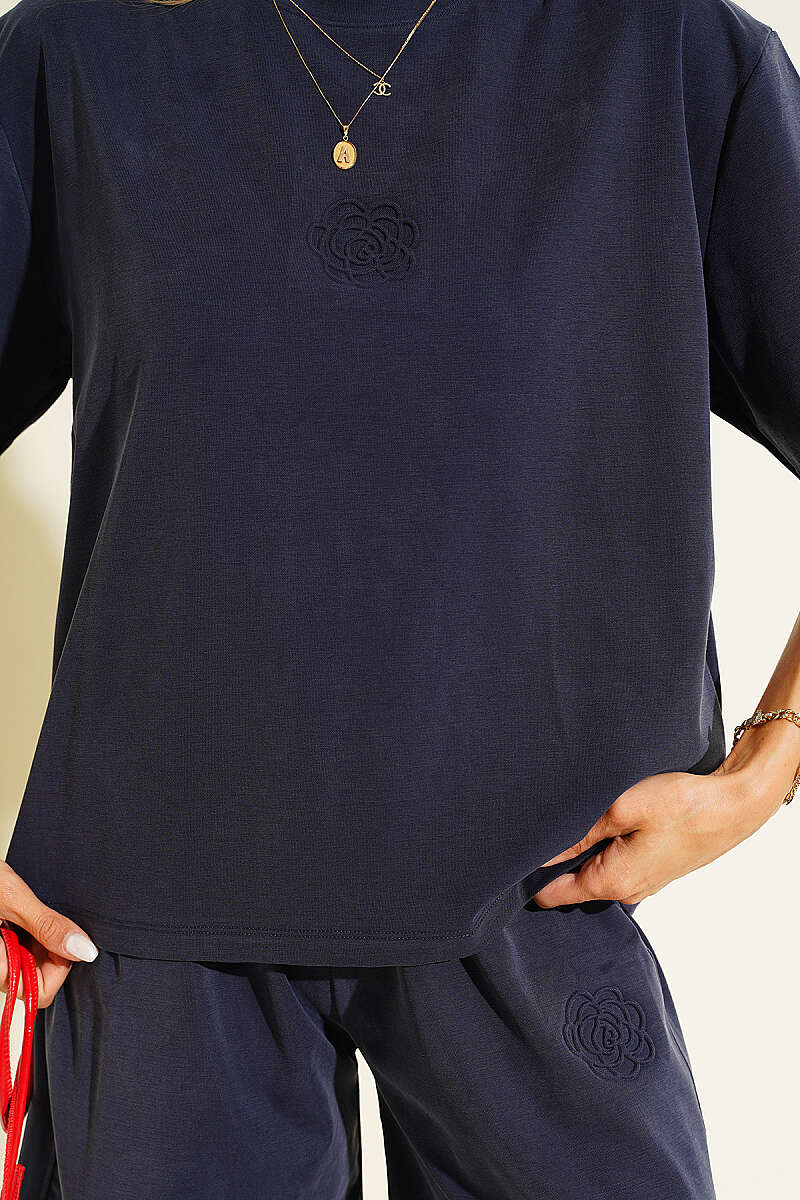 Rose Print Tencel Shorts Set - Navy