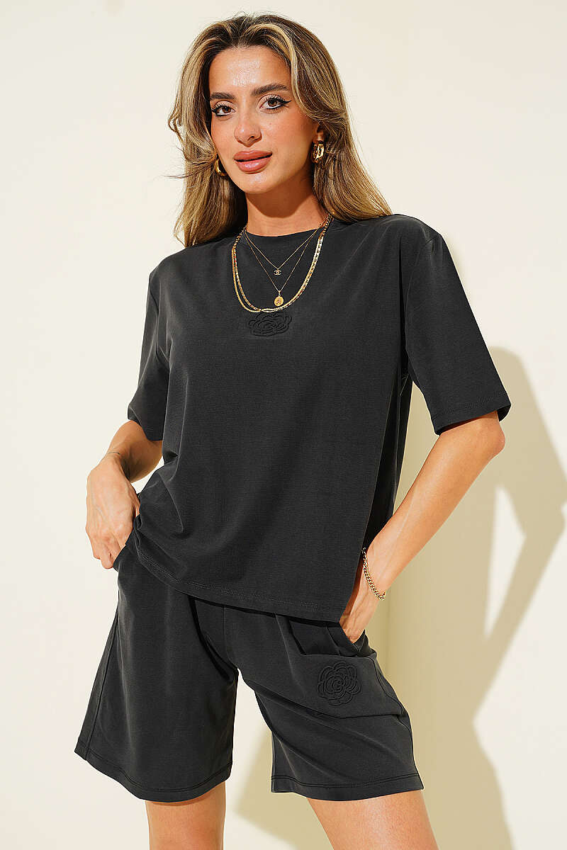 Rose Print Tencel Shorts Set - Black