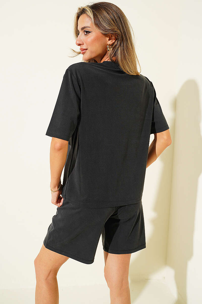 Rose Print Tencel Shorts Set - Black