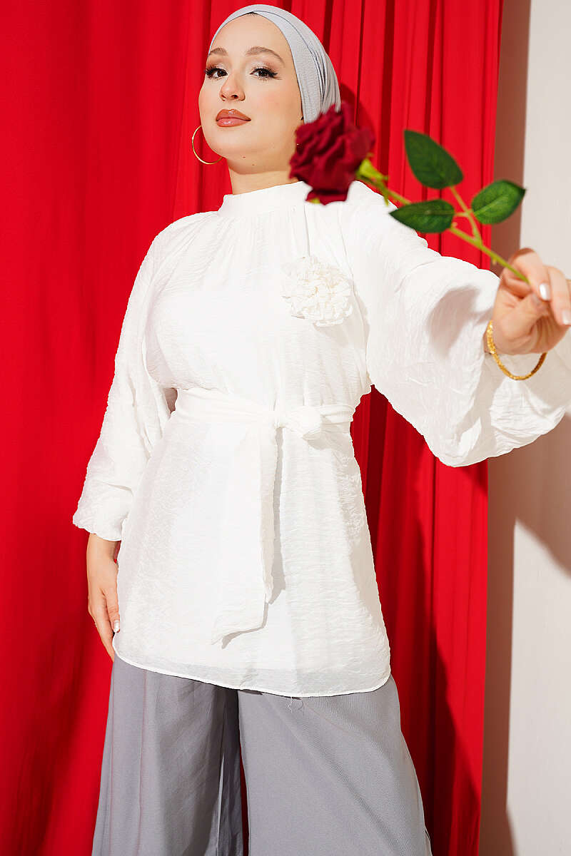 Tunic with Rose Brooch and Self Belt - White