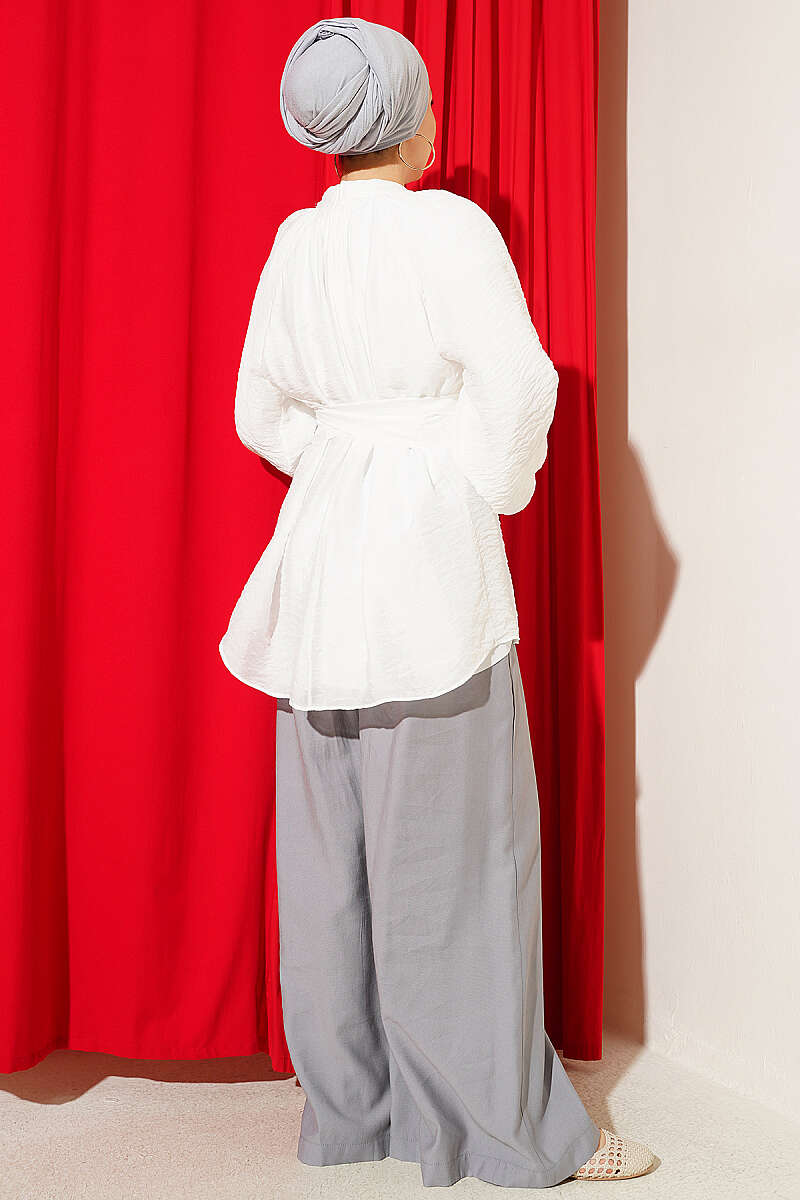 Tunic with Rose Brooch and Self Belt - White