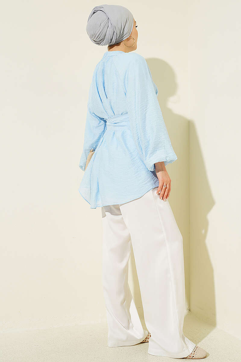 Tunic with Rose Brooch and Self Belt - Ice Blue